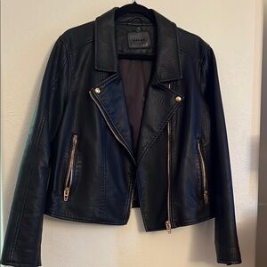 Black Leather Jacket with Asymmetrical Gold Zipper & Buttons